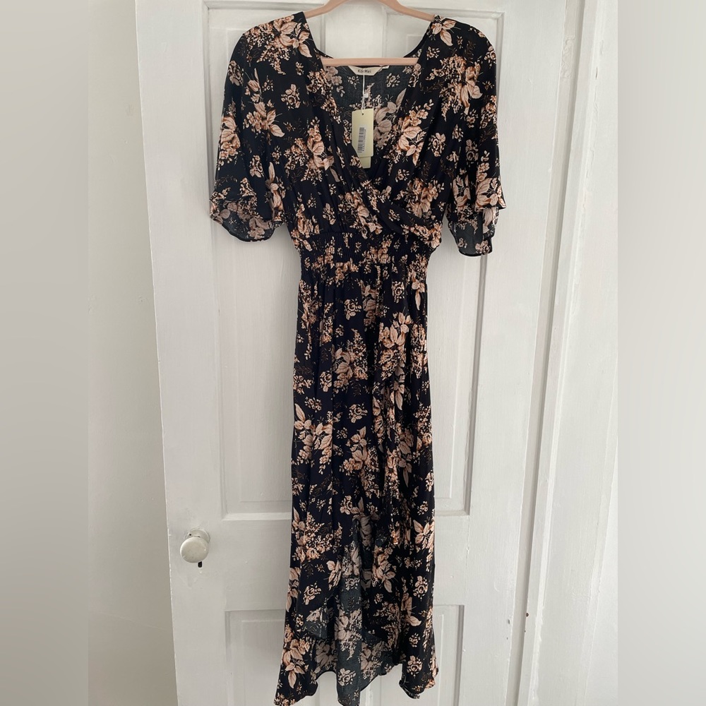 Womens Short Sleeve Floral High Low‎ V-Neck Dress